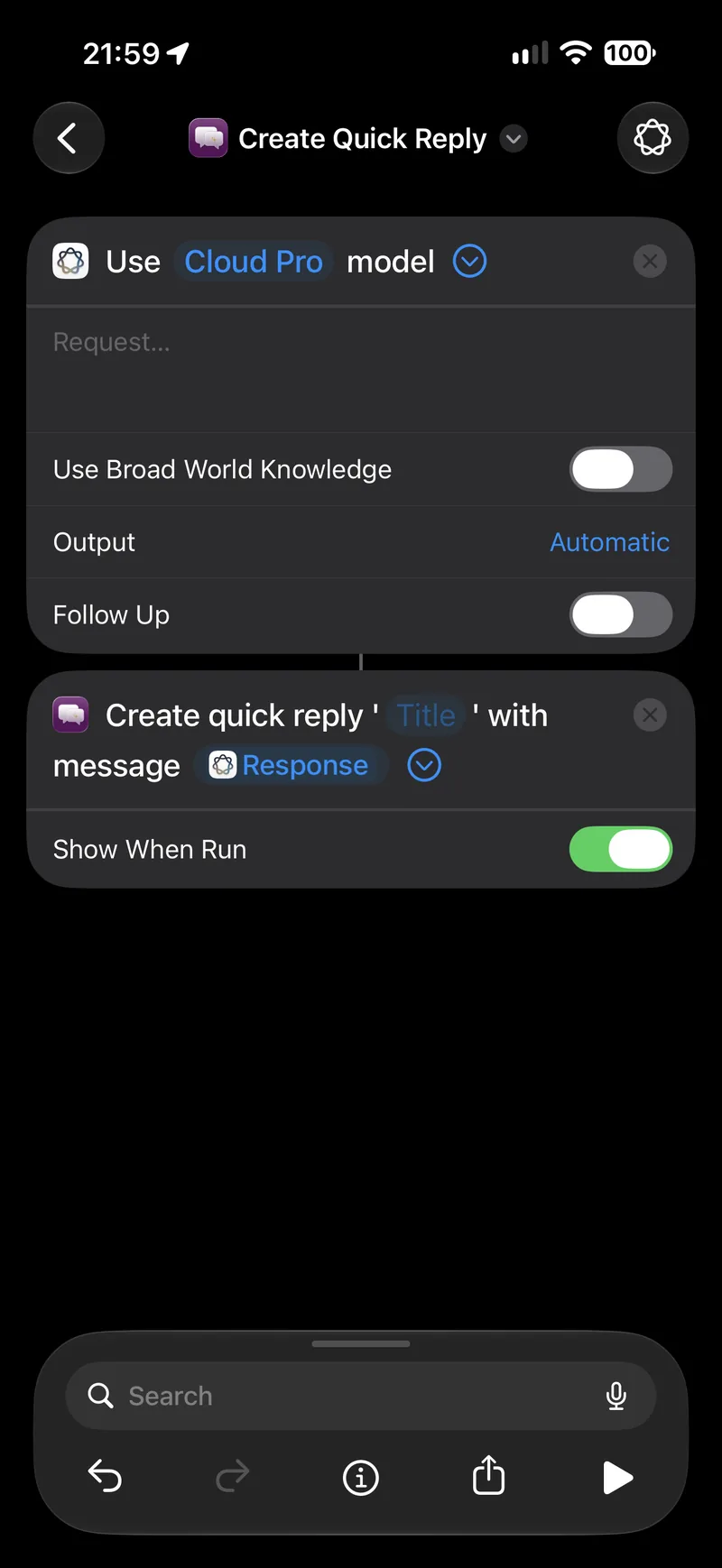 The Generate Quick Reply shortcut: an Apple Intelligence model action feeding its Response straight into Create Quick Reply